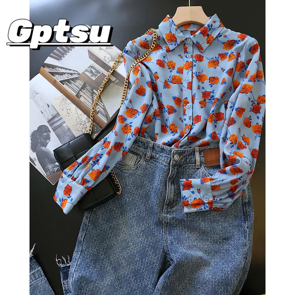 GPTSu女装蓝调玫瑰印花灯笼袖气质衬衫2025秋季时尚百搭新款上衣