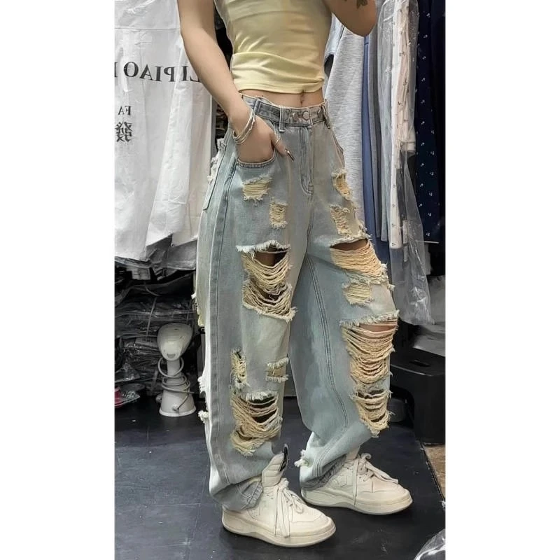洋气牛仔裤女2025年春夏新款潮流梨型大码宽松显瘦帅气破洞阔腿裤