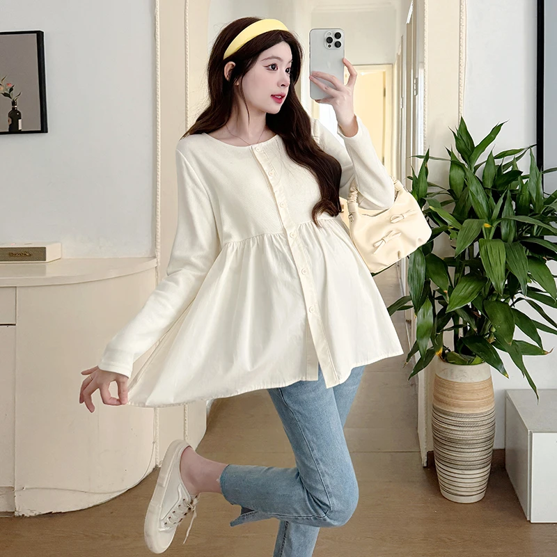 【早春新品】 孕妇装上衣简约宽松显瘦衬衫休闲百搭中长款娃娃衫春