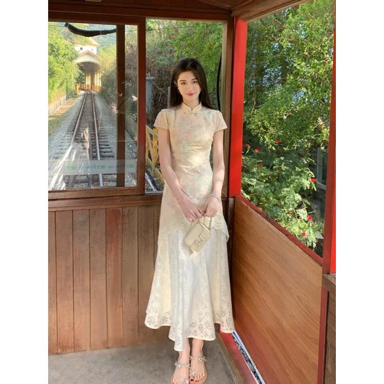 凌茜月华绣影新中式假两件印花改良旗袍夏蕾丝拼接镂空旗袍裙