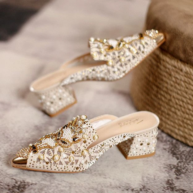 高跟包头拖包头5cm半托百搭网红粗跟凉拖水钻尖头百搭包头拖女鞋