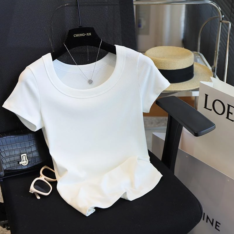 白色正肩短袖T恤女2025年夏款新款修身显瘦圆领体恤上衣洋气