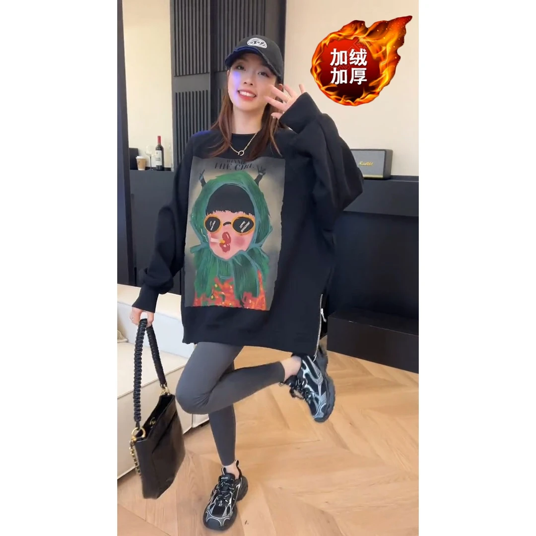 设计感小众加绒卫衣女秋季新款百搭卡通字母印花休闲宽松ins上衣