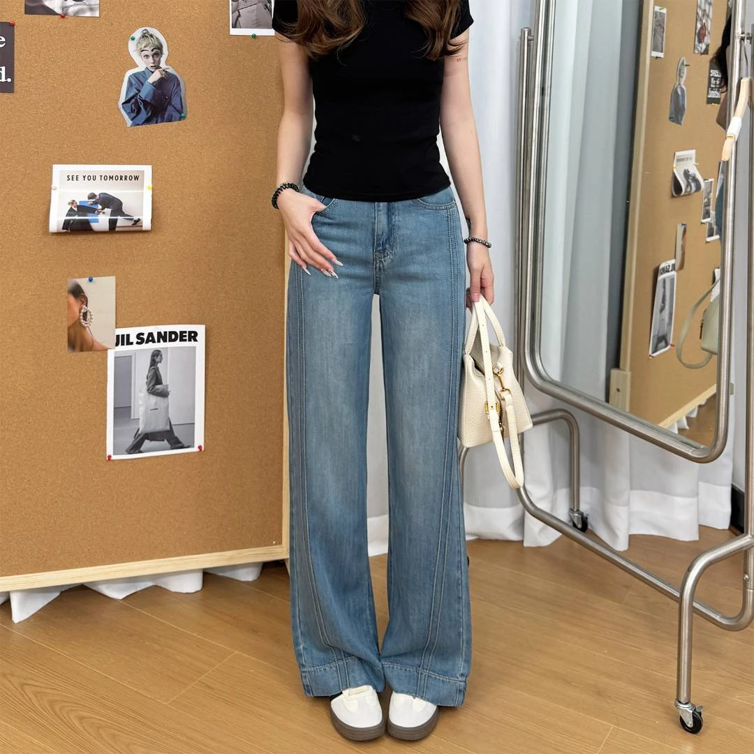 莱赛尔阔腿牛仔裤女夏季薄款梨形高腰宽松显瘦冰丝直筒牛仔裤*