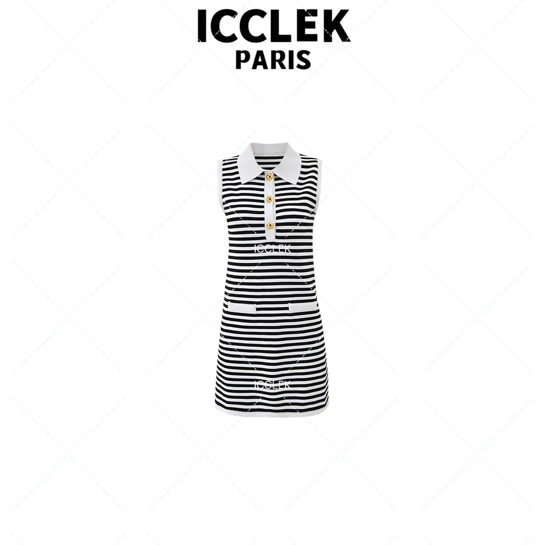 ICCLEK 夏季翻领条纹无袖连衣裙气质显瘦百搭修身轻奢显瘦 - 1372
