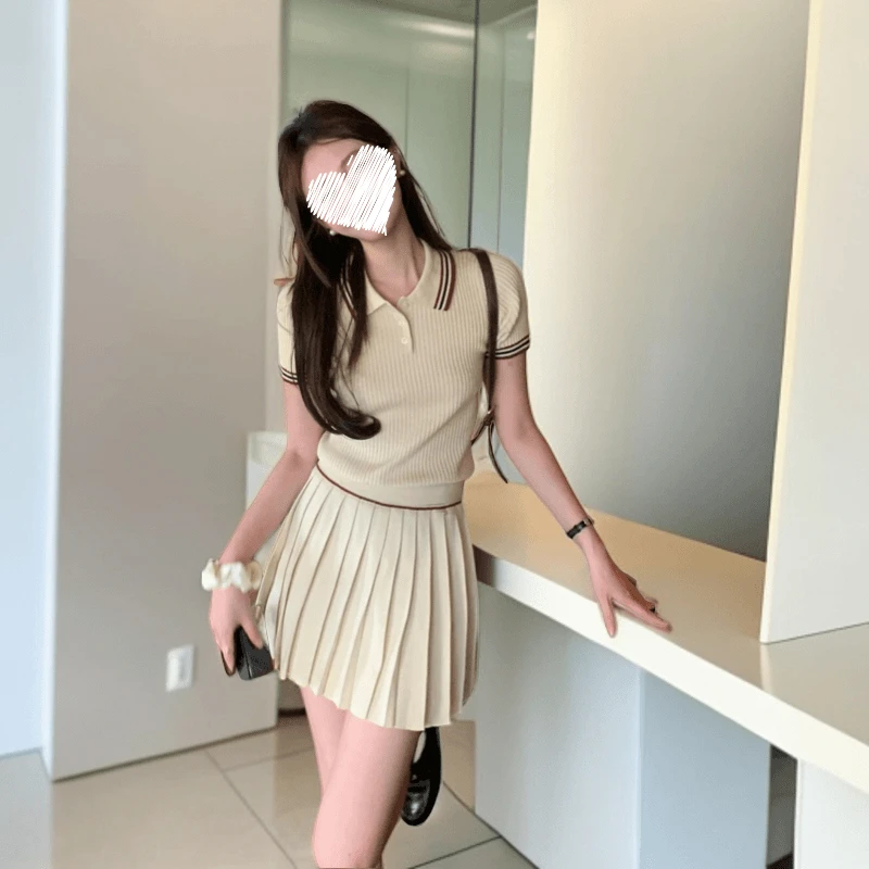 夏季学院风甜美风套装撞色polo领短袖洋气针织衫女百褶裙两件套女