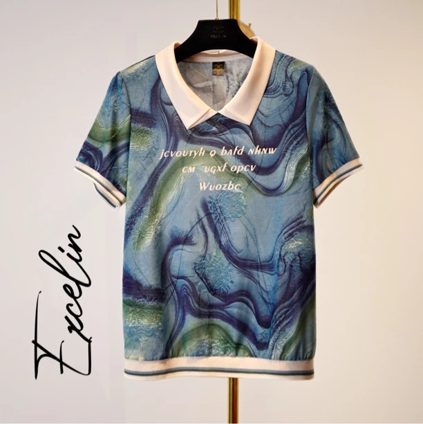 【蓝绿幻彩翻领短袖】夏季新款洋气穿搭女士高档出行T恤显瘦减龄