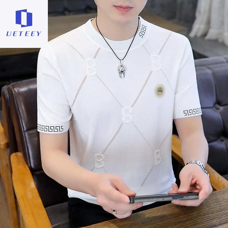 夏季冰丝短袖t恤男士青年薄款时尚男士t恤短袖圆领轻奢痞帅男装