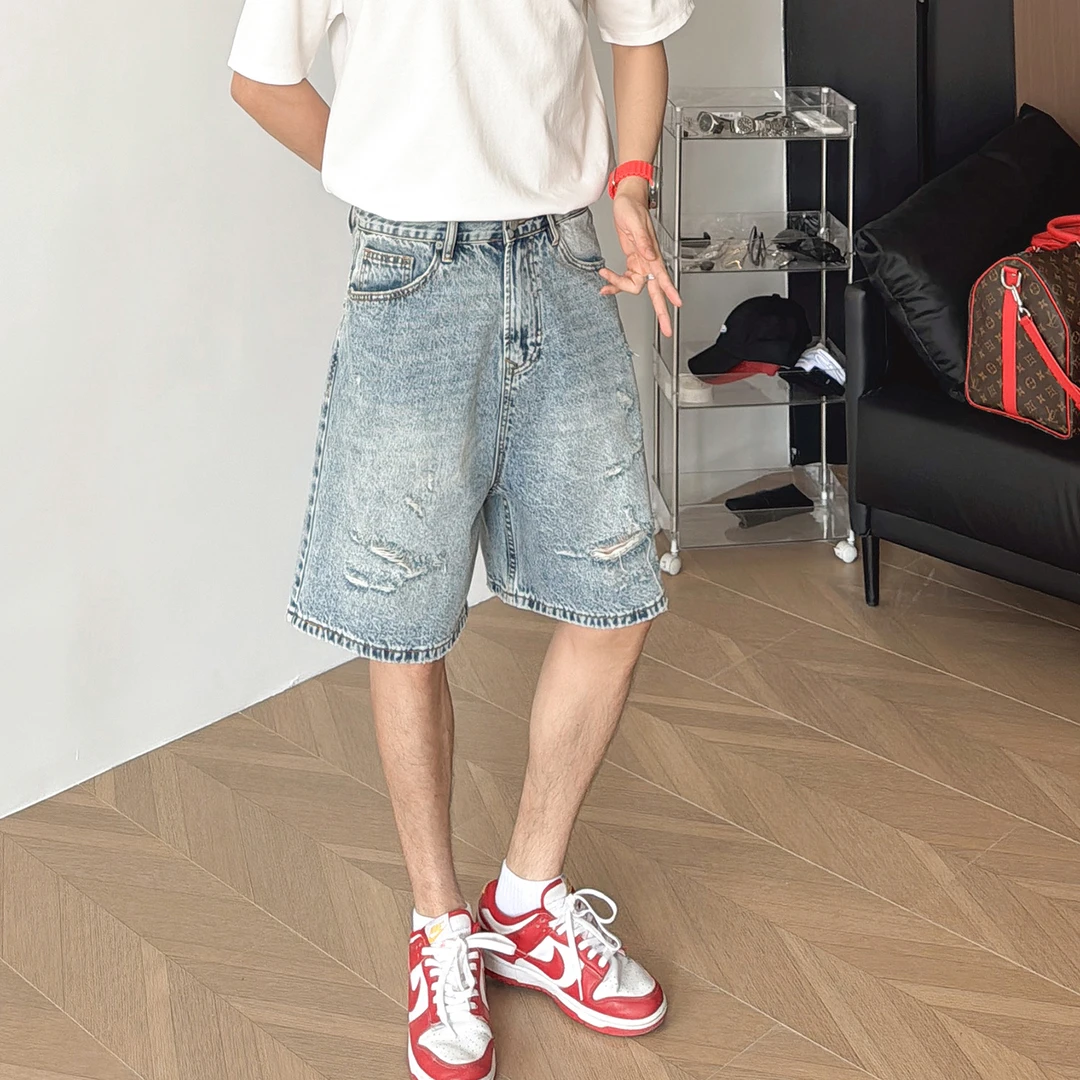 朱渣渣高端男士破洞休闲牛仔短裤夏季潮流五分裤2025宽松透气裤子