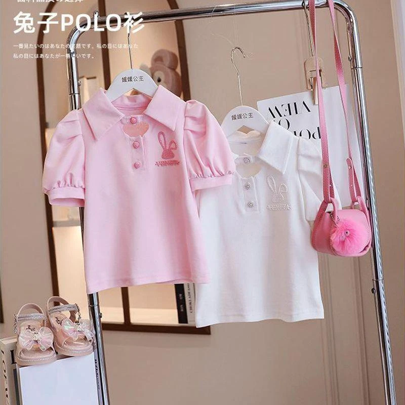 FAVMARTHA女童纯色翻领polo泡泡袖T恤2025夏装新款中大童洋气儿童
