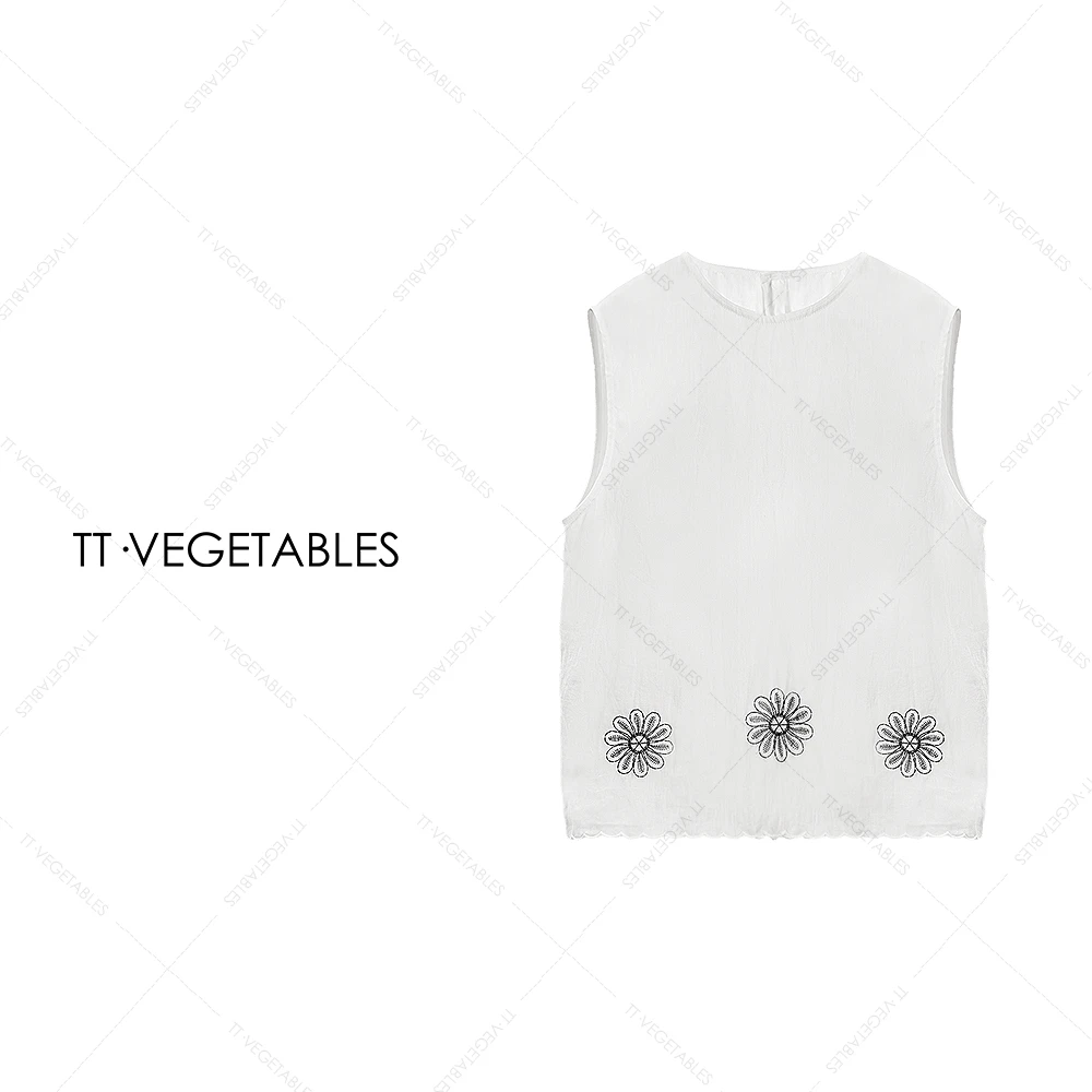 TT・VEGETABLES【序白】三花 亚麻纯色刺绣设计小衫无袖上衣511814