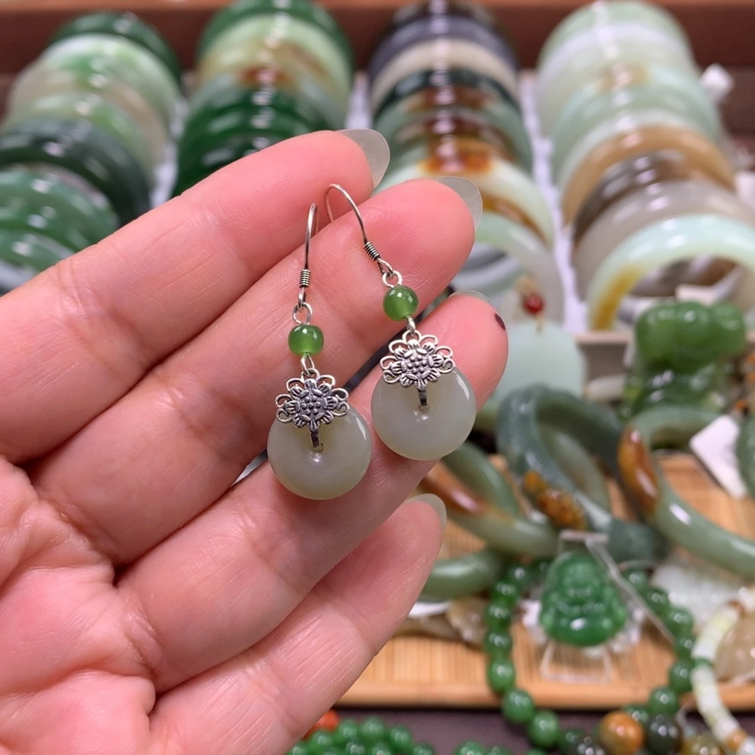 和田玉银S925镶嵌耳饰