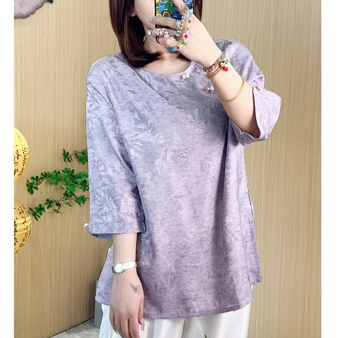 新中式国风提花七分袖盘扣打底衫百搭夏日氛围感