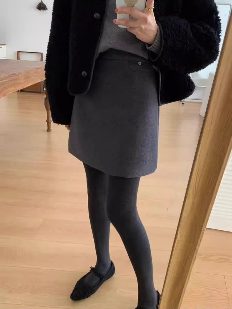 灰色毛呢短裙女大码冬季新款高腰a字包臀裙防走光加厚显瘦半身裙