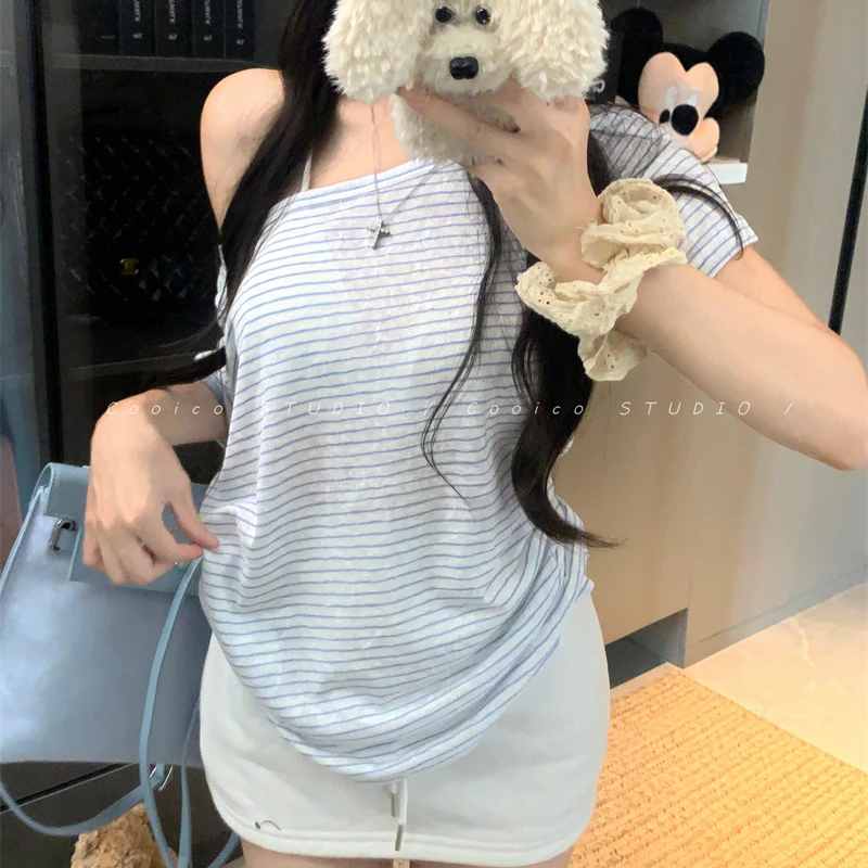 韩版条纹斜肩短袖宽松T恤女夏季休闲不规则小众甜辣薄款百搭上衣