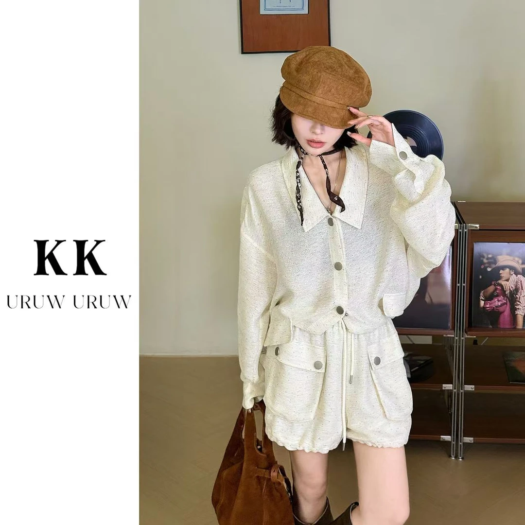 柯柯 【彩点满天星】早秋新款V领休闲外套口袋短裤套装KL124