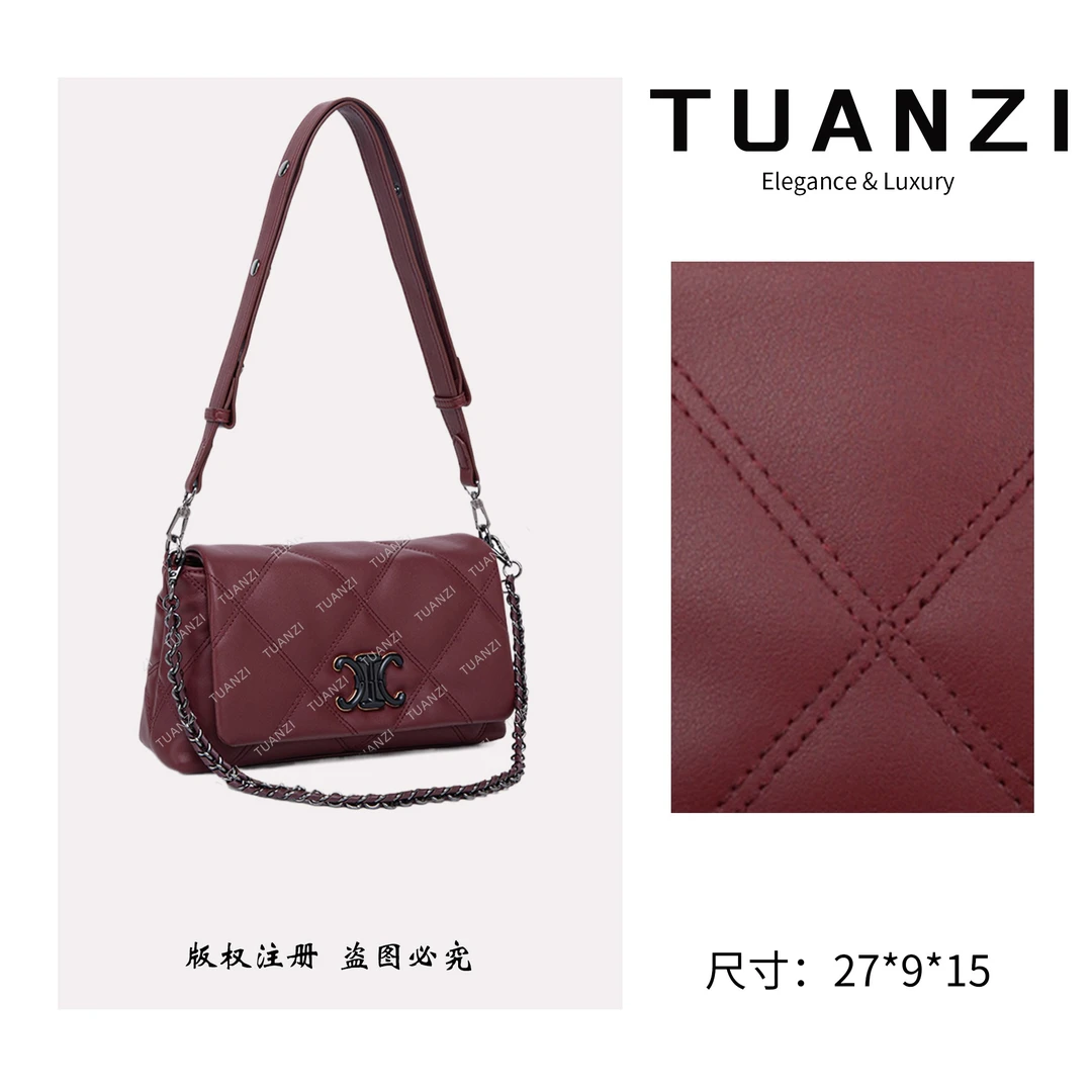 TAUNZI【凯旋】赛家经典菱格纹单肩腋下女包 QYX-98009-酒红色