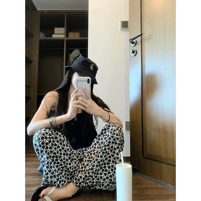 黑色性感吊带背心女无袖设计感纯欲上衣印花碎花休闲阔腿裤两件套
