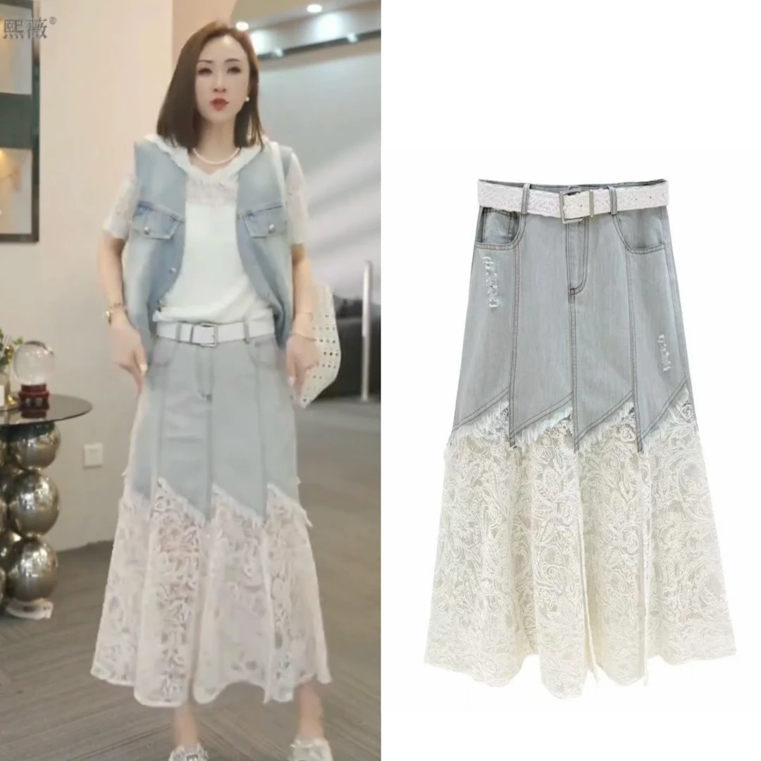穿搭一整套2025夏季韩系高级甜美减龄牛仔马甲蕾丝拼接长裙两件套