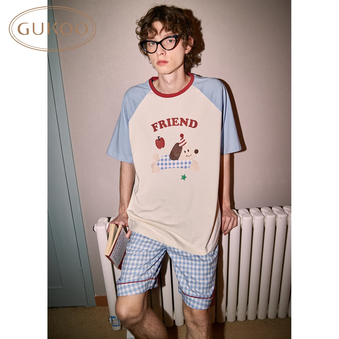 【Gukoo果壳】轰轰小狗睡衣男士夏季新款印花简约纯棉家居服套装