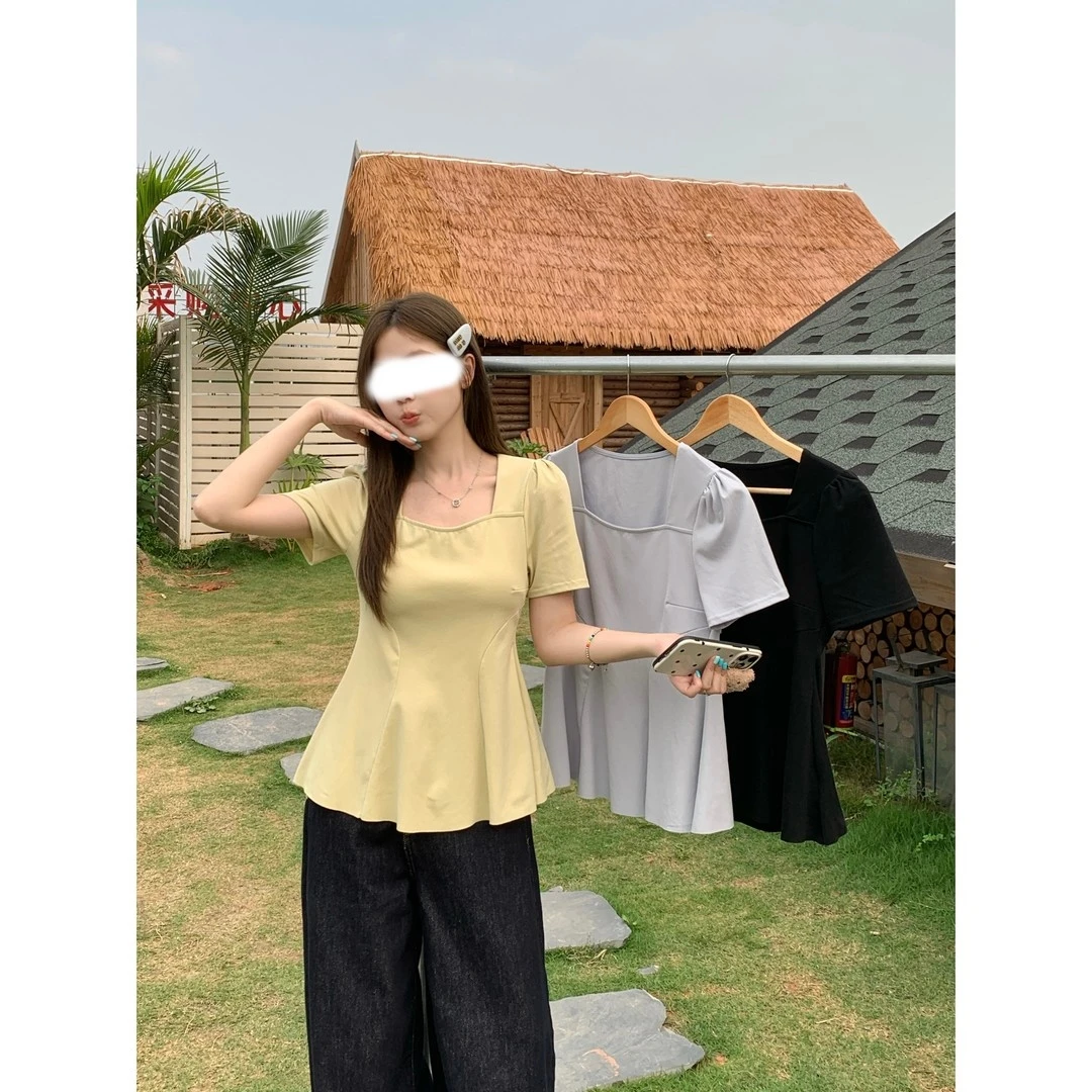 2025年夏装胖mm大码收腰百褶下摆短袖T恤纯欲方领正肩上衣