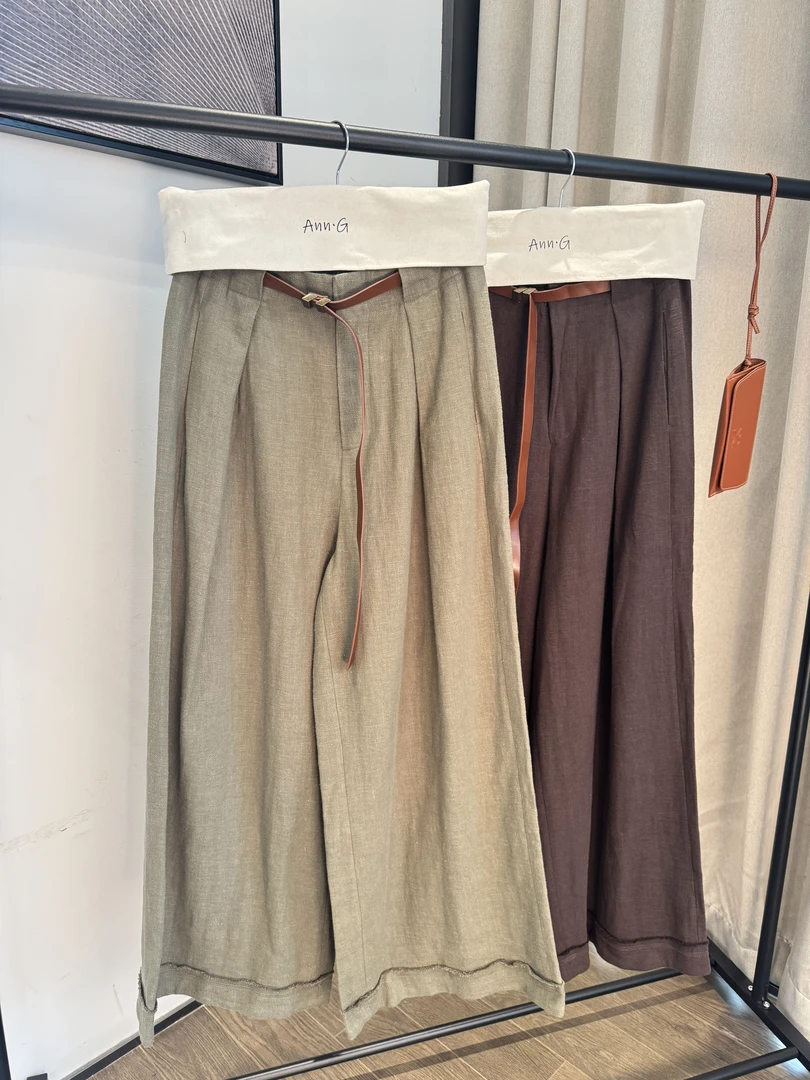 Z708深圳小众设计师复古纯色显瘦显高百搭休闲亚麻简约风阔腿裤