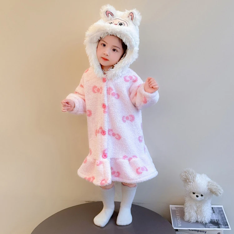 可爱超萌女童睡袍秋冬季连帽小公主女孩子浴袍加厚保暖儿童家居服