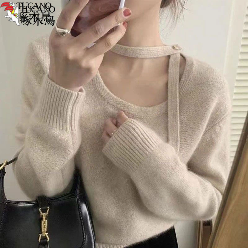 TUCANO/啄木鳥挂脖飘带圆领毛衣女秋冬小个子内搭软糯套头针织衫