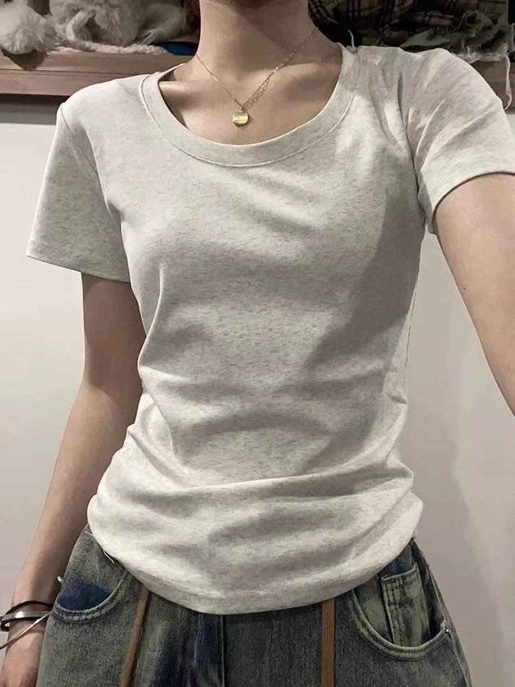 006夏季新款简约小众百搭通勤时尚圆领修身显瘦短袖T恤上衣女
