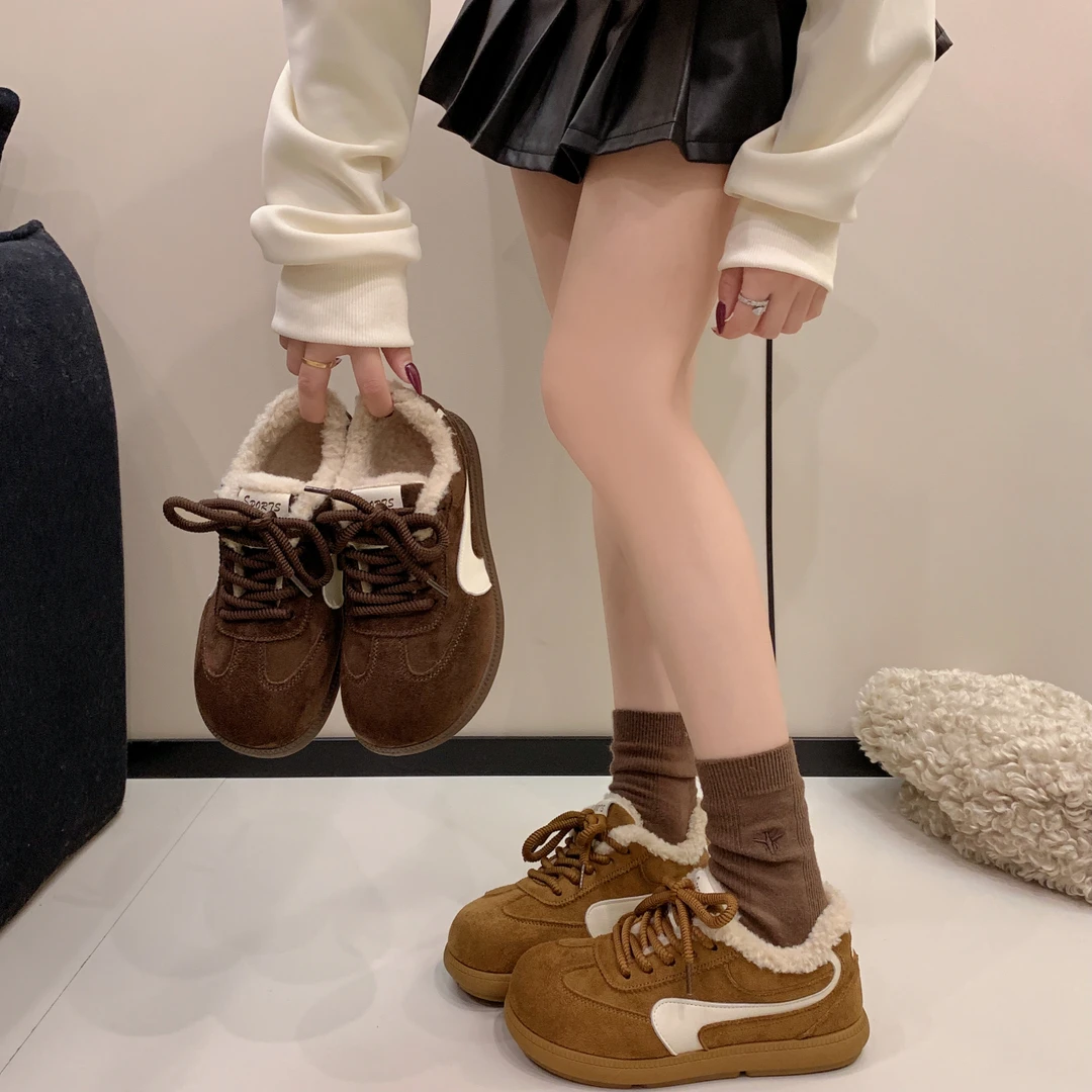 加绒德训鞋女新款复古磨砂皮一脚蹬休闲羊羔毛保暖运动鞋G969-A