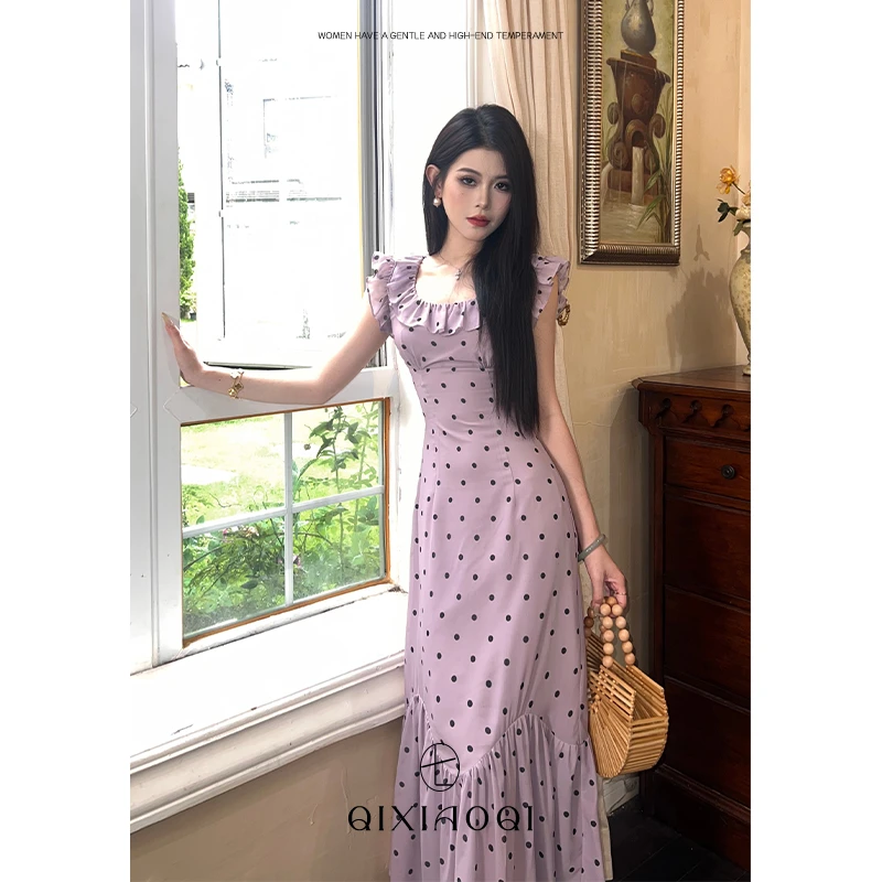 七小七Sicily【罗曼斯假日】法式温柔风紫色波点无袖连衣裙女夏季