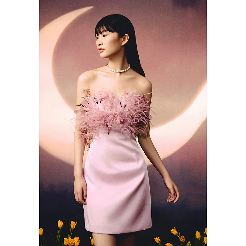 OBBLIGATO奥丽嘉朵1C33505695冬季手工鸵鸟羽毛裹胸礼服裙