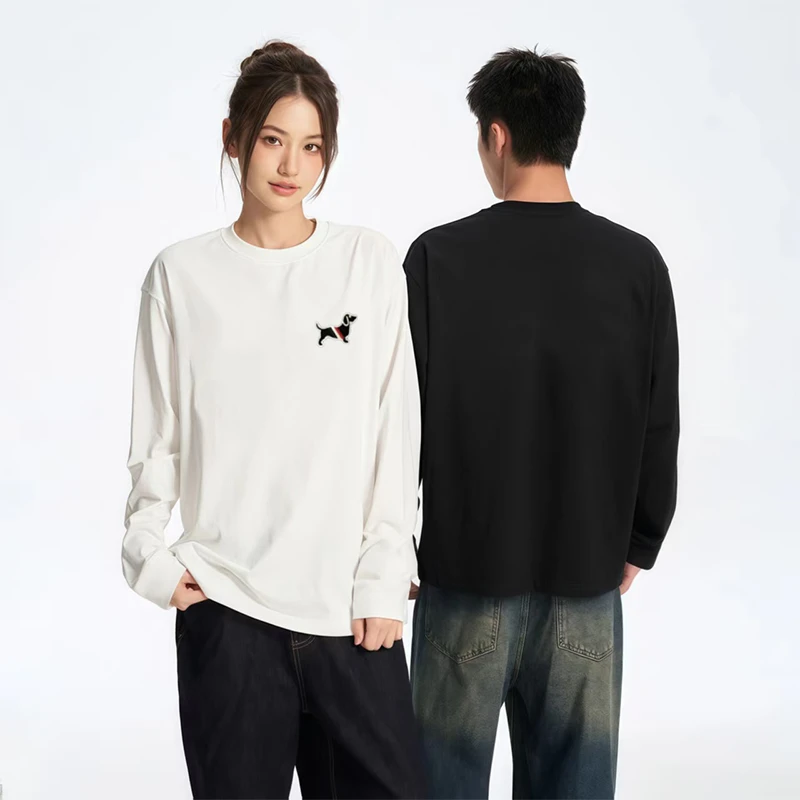 外贸潮牌刺绣款圆领长袖T恤情侣男女同款时尚百搭圆领刺绣腊肠狗