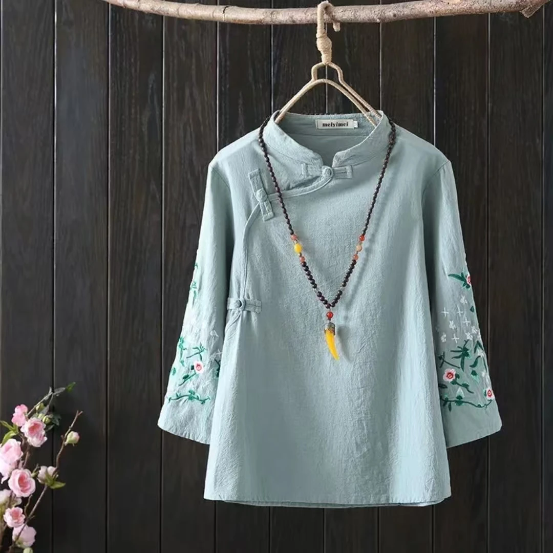 【现货+退换包邮】春夏复古文艺大码绣花斜襟上衣禅意女采茶服334