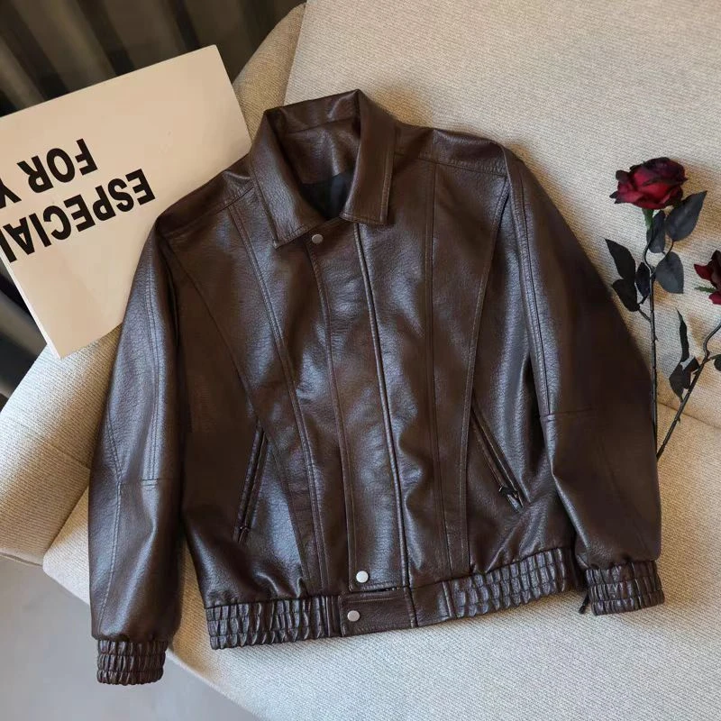 复古棕色皮衣外套男秋冬穿搭高级感痞帅机车夹克cleanfit休闲上衣
