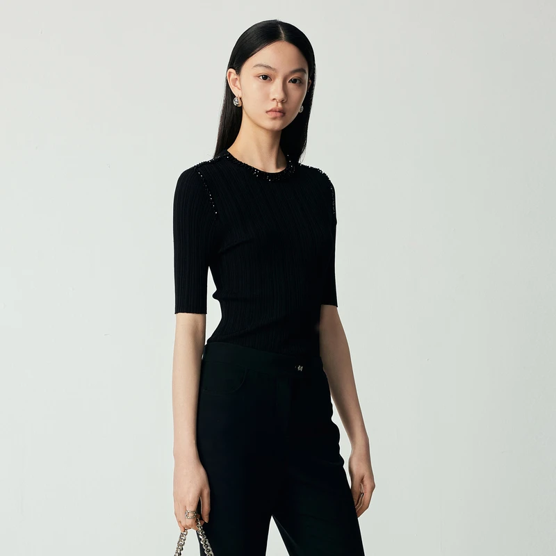 H·GENTEEL荷高23新秋女黑收腰钉珠百搭女人味毛衫GCD31650712