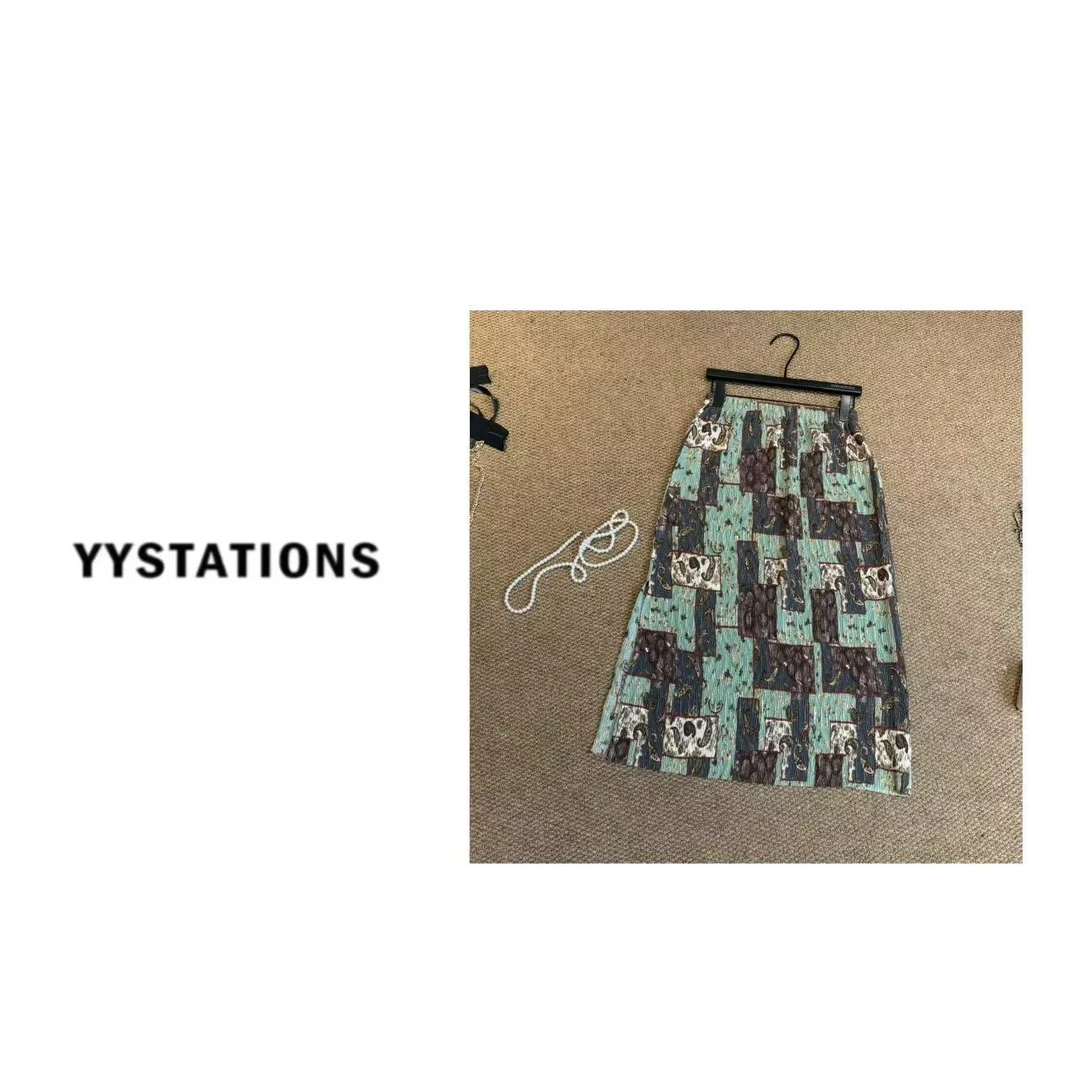 YYSTATIONS 韩系复古印花松紧腰半身裙-1031