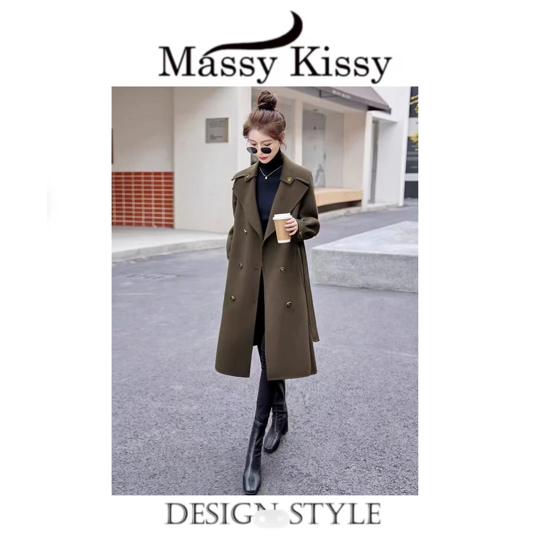 1077-2设计双面呢大衣中长款网红经典设计师春季双排扣
