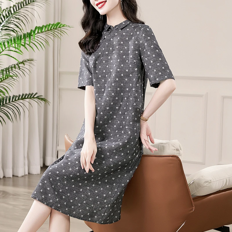 韩穆A67671高端棉麻连衣裙夏季新款中年妈妈宽松显瘦长裙子