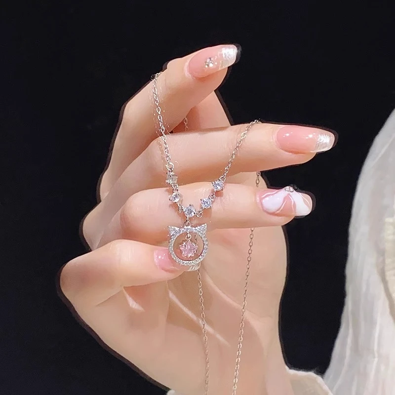 坠链均925银 925银粉钻小猫咪项链女轻奢小众锁骨颈链吊气质时尚