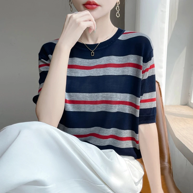 时尚女装品牌夏季新款时尚洋气圆领短袖条纹针织衫T恤女上衣女