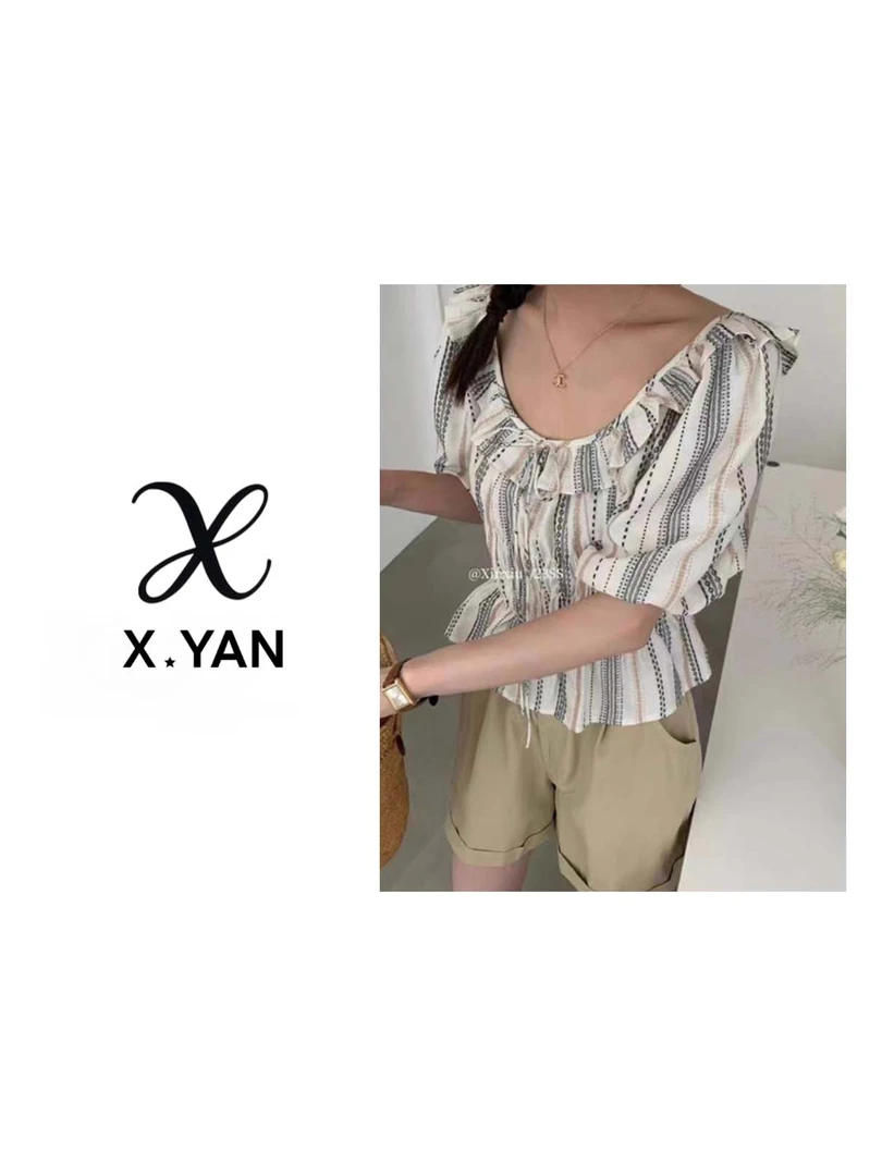 626大圆领条纹小衫夏季女装新款木耳边清纯短袖上衣23197