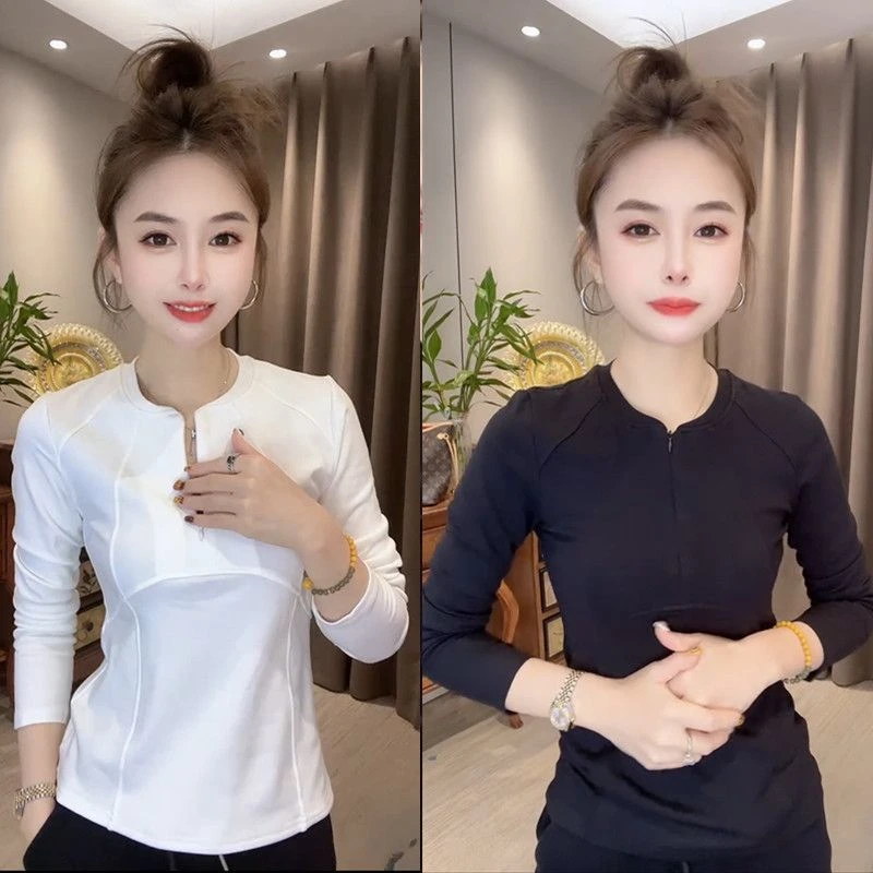 半拉链V领长袖T恤女秋冬2025新款时尚修身显瘦休闲简约气质上衣