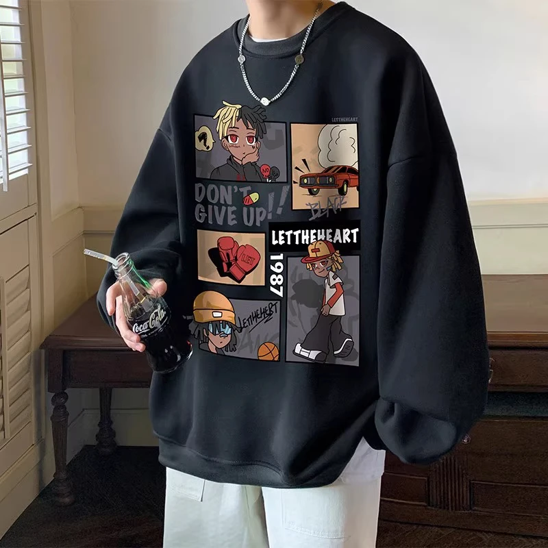 凯颂300斤大码美式复古潮牌卡通趣味圆领卫衣男女秋冬宽松卫衣