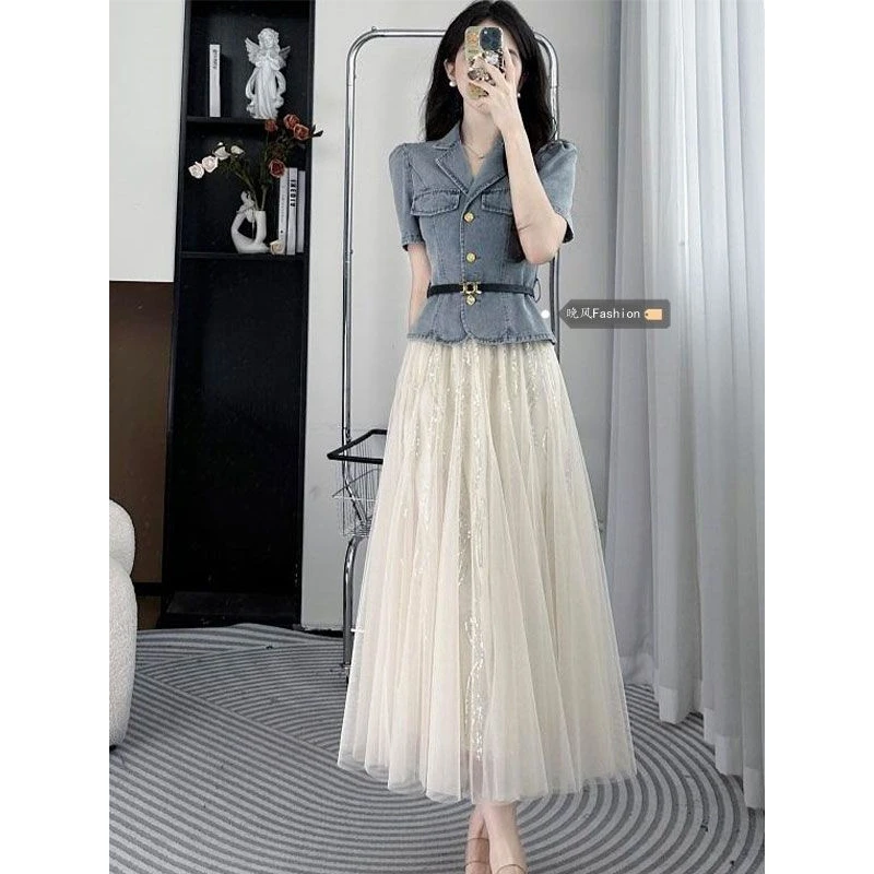 茶歇法式牛仔衬衫套装女夏季收腰短袖辣妹上衣高腰显瘦a字半身裙