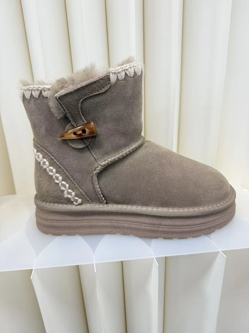 清清清！牛皮羊毛厚底冬季短筒保暖一脚蹬时尚雪地靴短靴