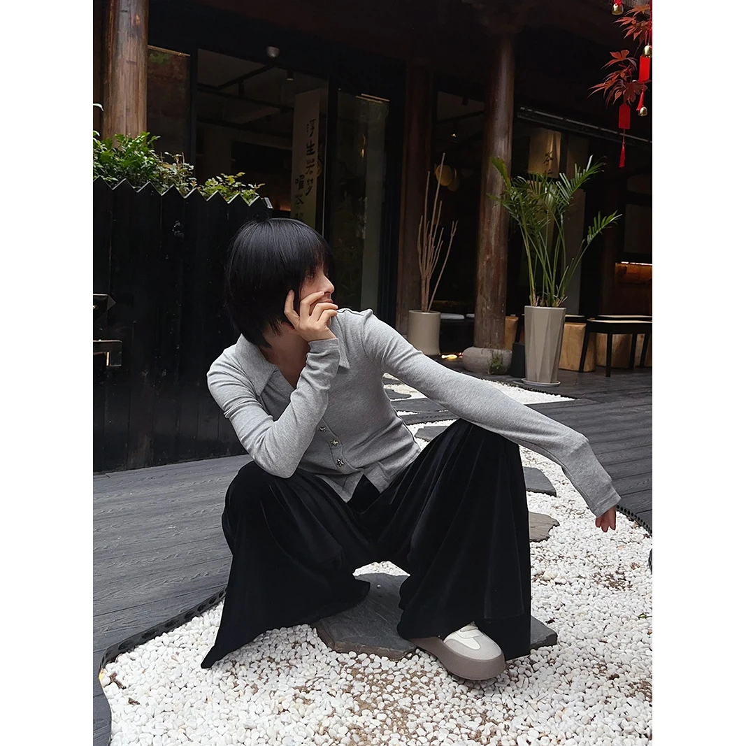 【佳文定制】1432长袖休闲修身时尚复古百搭简约潮流春秋纽扣美式T