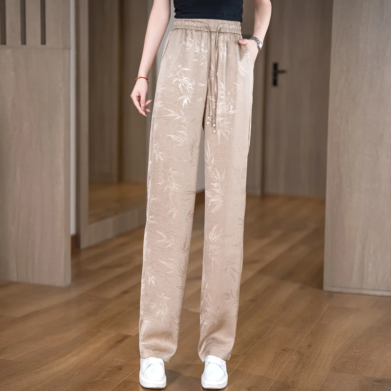 新中式提花阔腿裤女2025春夏季新款国风垂感直筒裤高腰显瘦长裤子