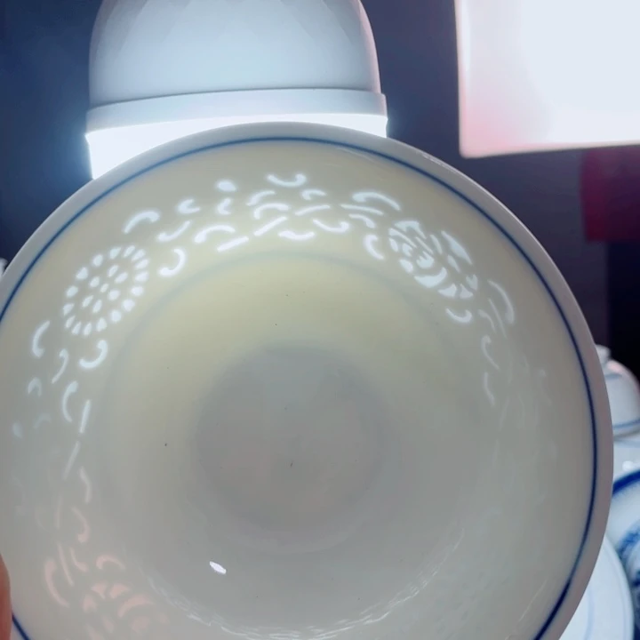 青花玲珑6寸面碗满雕双福双线