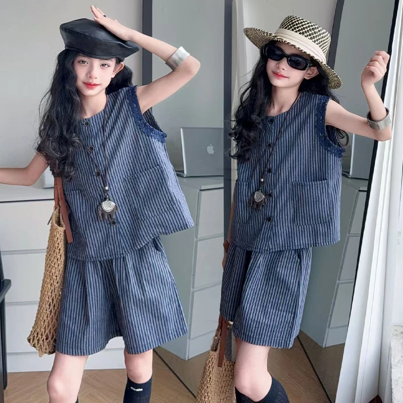 女童夏装2025新款韩版时髦宽松条纹短袖衬衫短裤夏季休闲两件套潮